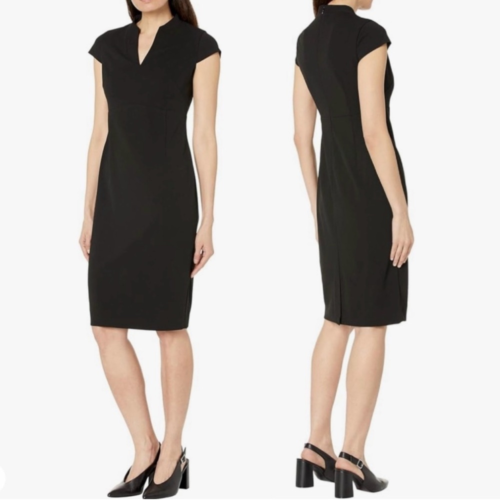 Genevie Black Sheath Dress Split Neck Cap Sleeves Size L